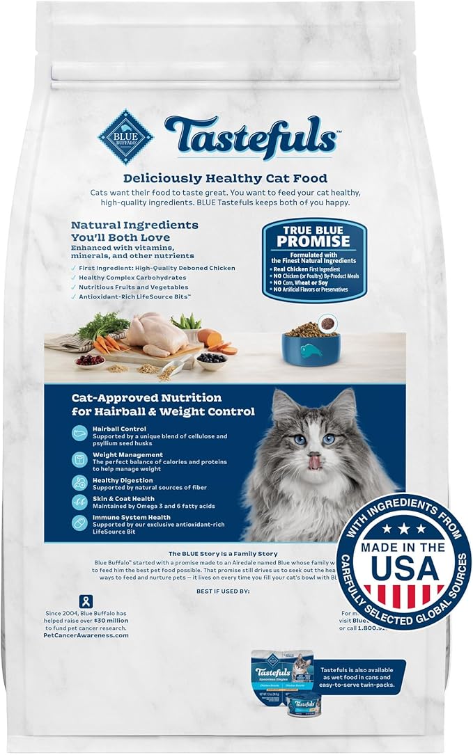 Blue Buffalo Tastefuls Adult Dry Cat Food for Weight Management & Hairball Control, Made in the USA with Natural Ingredients, Chicken Recipe, 7-lb Bag-PawvioPets