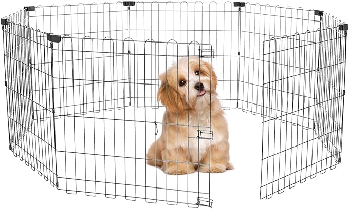 Foldable Dog Playpen 24" Height 8 Panels Metal Exercise Pen No Door - Indoor/Outdoor Puppy Playpen for Small Dogs, Portable Pet Fence for Yard Garden Camping, Black-PawvioPets