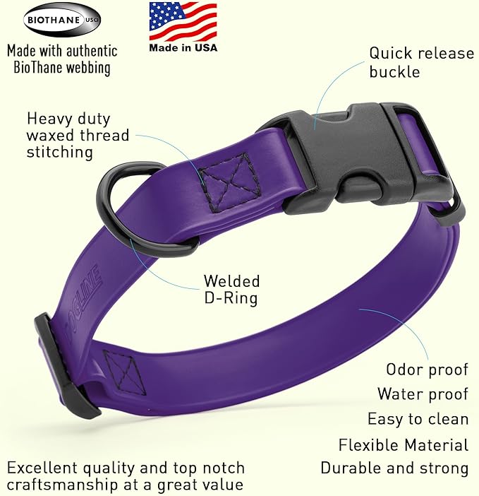 Dogline Biothane Waterproof Dog Collar with Quick Release Buckle Strong Coated Nylon Webbing with Odor- Proof for Easy Care Easy to Clean Fits Small Medium Large Dogs, Purple 5/8" W 9-14" L-PawvioPets