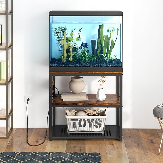 20-29 Gallon Fish Tank Stand With Power Outlets, 3-Tier Metal Aquarium Stands, Breeder Reptile Tank Stand with Shelf for Home Office, 660LBS Capacity, 29.5 x 15.8 x 30.1 inches, Brown-PawvioPets