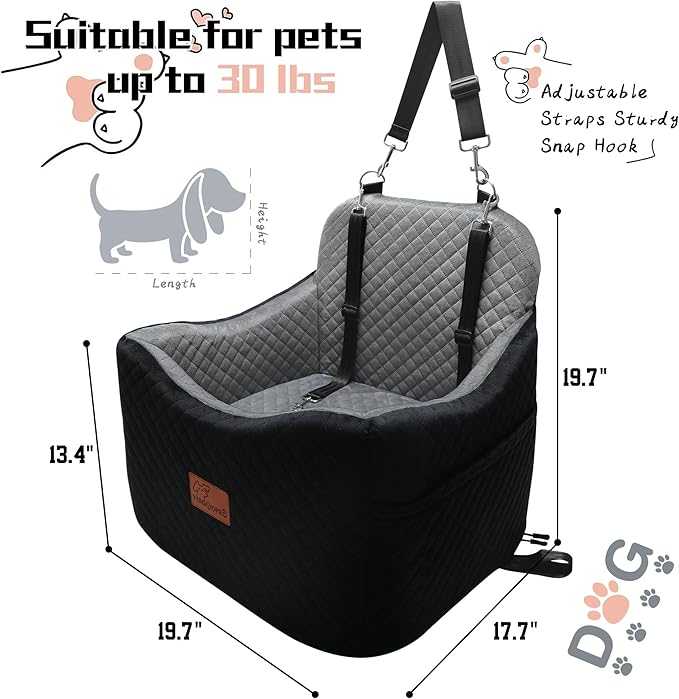 Dog Car Seat for Small Medium Dogs-Safety and Comfy Pet Booster Carseats with 2 Clip-On Satebelt & Storage Pockets,Washable and Detachable Puppy Car Seat for Dogs up to 30 lbs.(H-Black/Grey)-PawvioPets