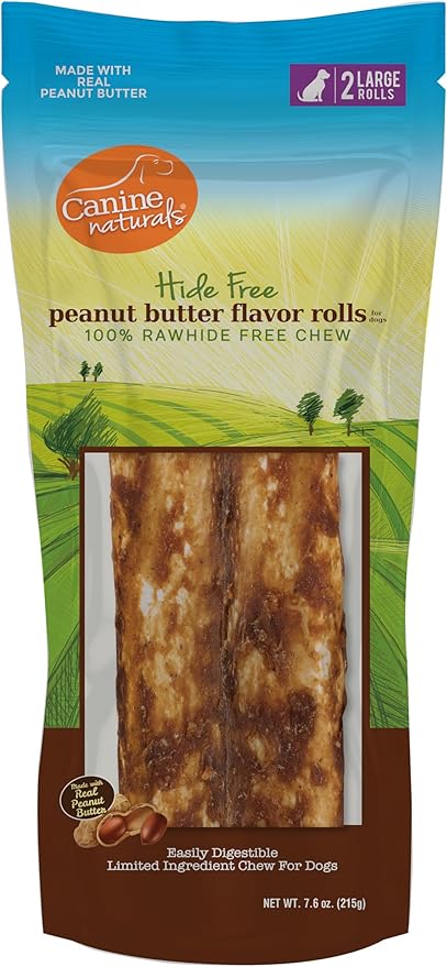 Canine Naturals Peanut Butter Chew - 100% Rawhide Free Dog Treats - Made with Real Peanut Butter - All-Natural and Easily Digestible - 2 Pack of 7 Inch Large Rolls for Dogs 50 lbs and up-PawvioPets