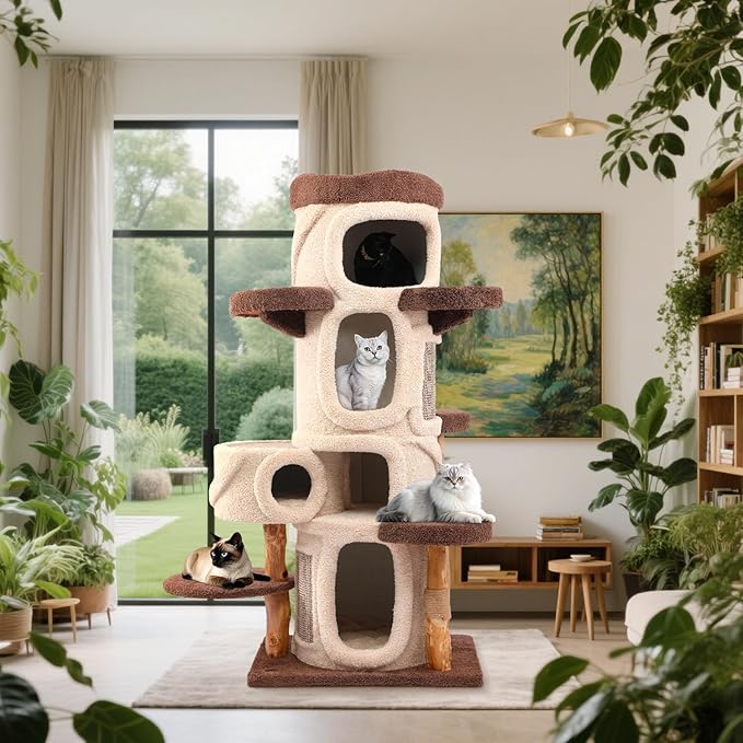 69.69'' Modern Cat Tree for Indoor Cats Large Adult, Luxury Cat Tower with Scratching Post, Multi Level Spacious Condo, Heavy Duty Kitty House, Sturdy Cat Activity Center for Large Cat-PawvioPets
