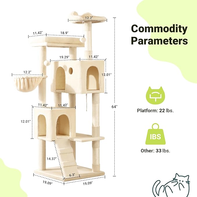 Allewie 64 Inches Cat Tree Tower/Multi-Level Activity Center for Indoor Big Felines/2 Plush Condos/2 Perchs/Basket/House/Sisal Scratching Posts/Hanging Cat Toys/Beige-PawvioPets