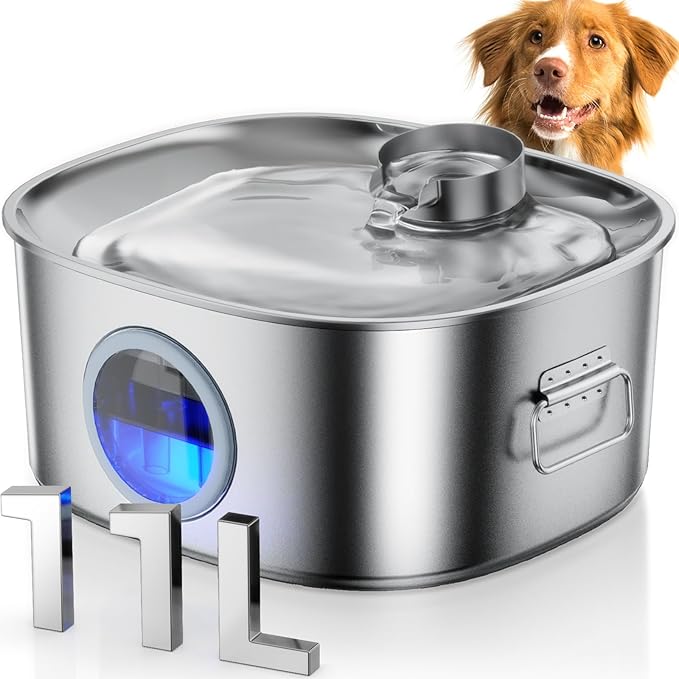 Dog Water Fountain Stainless Steel, 11L/2.8Gal Large Pet Water Fountain for Large Dogs Inside, Dog Fountain Water Bowl Automatic Dispenser with Visible Window & LED, Ultra Quiet for Dogs and Multi-Pet-PawvioPets