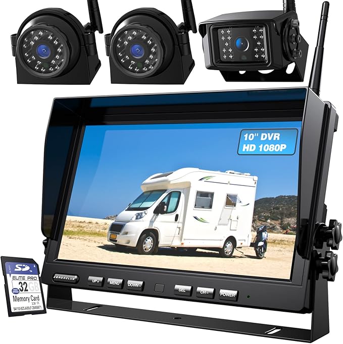 1080P Wireless Backup Camera System with 10 Inch DVR 4 Split Monitor, IP69 Waterproof Stable Signal Record Wireless 1 Rear and 2 Side View Cameras for RV Truck Trailer Camper (BW103)-PawvioPets