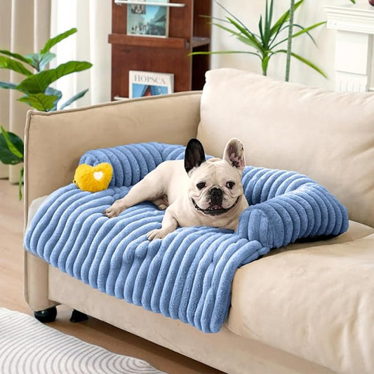 FUNNY FUZZY Pet Couch Cover for Sofa, Calming Dog Bed for Couch, Fluffy Plush Dog Couch Mat for Furniture Protector for Medium Dogs and Cats, 33×28 in, Blue-PawvioPets