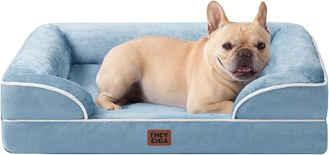 EHEYCIGA Orthopedic Dog Bed for Medium Dogs, Waterproof Memory Foam Medium Dog Beds with Sides, Non-Slip Bottom and Egg-Crate Foam Pet Couch Bed with Washable Removable Cover, Washed Blue-PawvioPets