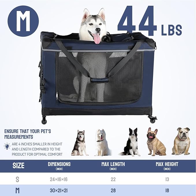 30IN Soft Collapsible Dog Crate w Detachable Wheels, Rolling Travel Dog Crate for Medium Breed Dogs, Portable Dog Kennel with Mesh Windows, Indoor & Outdoor Uses-PawvioPets