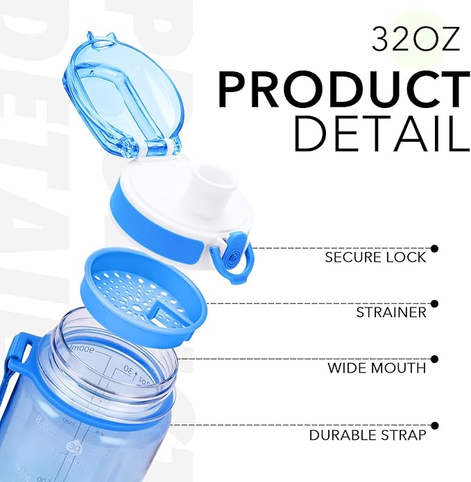 32oz Motivational Water Bottles with Time Marker & Fruit Strainer, Transparent Gradient Color Water Bottle with Times to Drink, Leakproof & BPA Free, Reusable Bottle with Strap (No Straw)-PawvioPets