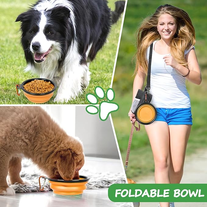 Dog Treat Pouch Pet Training Kit - Silicone Treat Bag Magnetic Closure, Puppy Training Clicker, Dog Whistle, Dog Water Bowls, Poop Bags & Holder, 4 Ways to Wear Walking Fanny Pack - Orange-PawvioPets