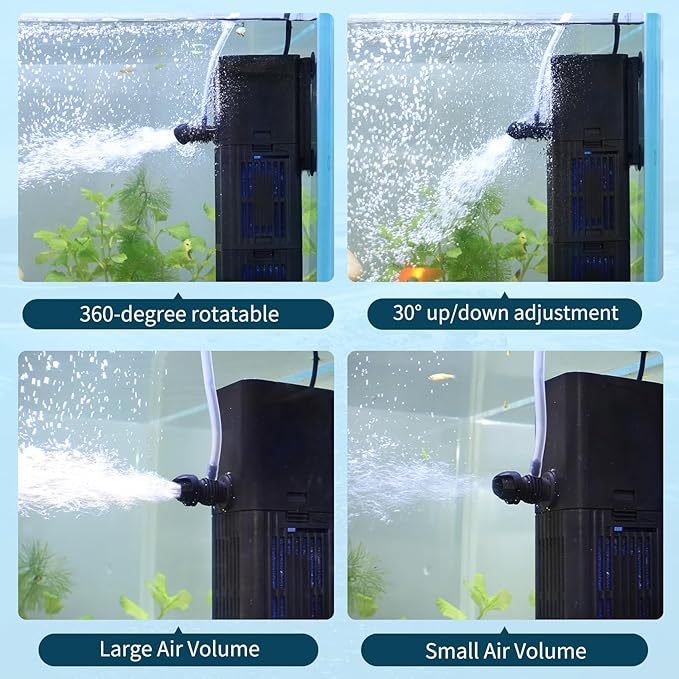 Aquarium Filter Water Flow Adjustable for 20-75 Gallon Fish Turtle Tank 264GPH 4in1 Biochemical Filtration Powerful Submersible Internal Pumps & Filters Keep Freshwater Saltwater Crystal Clear Small-PawvioPets