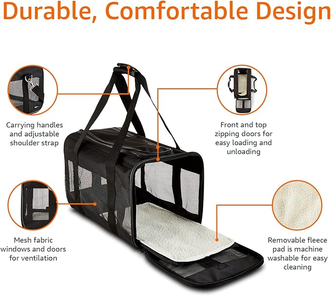 Amazon Basics Soft-Sided Mesh Pet Travel Carrier for Dog, Cat, up to 22 pounds, 19.7" L x 12" W x 12" H, Black-PawvioPets