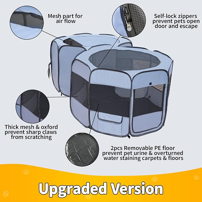 EighteenTek XLarge 2-in-1 Pop up Dog Playpen, Assembly-Free, with Leakproof Pet Pee Pads,Portable Foldable Cat Tent Enclosure Indoor Outdoors Puppy Kittens Small Animals Crates (M, 72" Lx36 Wx24 H)-PawvioPets