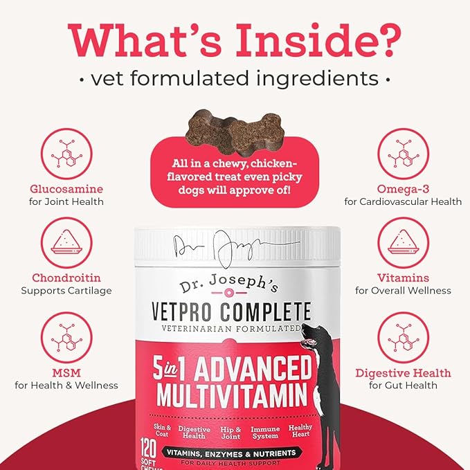 Dr. Joseph's VetPro Complete Multivitamin Dog Supplement, 120 Count (Large Dog 60 Day Supply), 5in1 Chew with Vitamins, Enzymes & Nutrients, Hip & Joint Health, Immune System & Allergy Support-PawvioPets