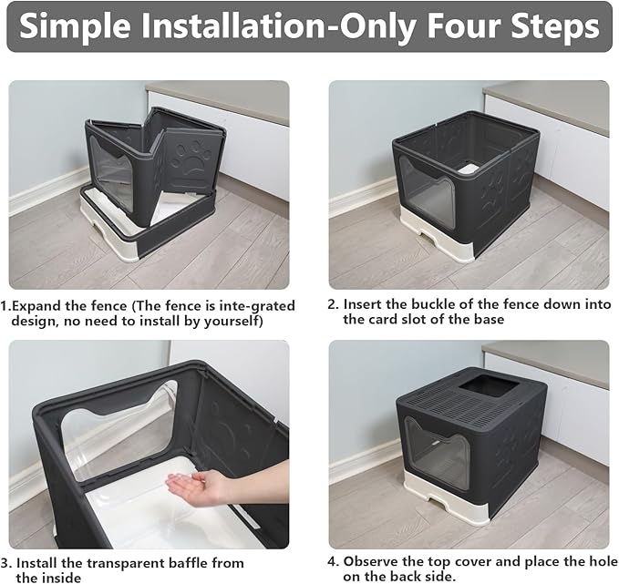 Foldable Cat Litter Box with Lid, Enclosed Potty, Large Top Entry Anti-Splashing Toilet, Easy to Clean Including Litter Scoop and 2-in-1 Cleaning Brush (Black)-PawvioPets