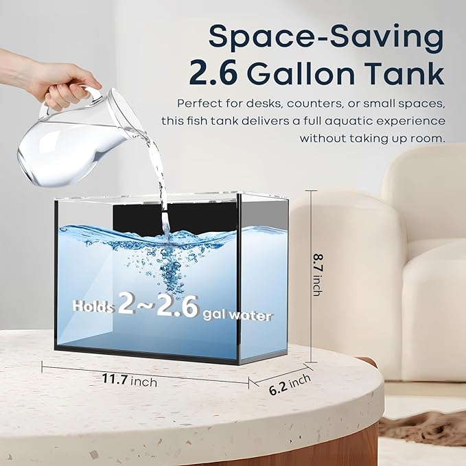 2.6 Gallon Glass Fish Tank Cube, Small Aquarium Fish Bowl for Betta Goldfish Snails Shrimp Aquatic Planting, Easy to Maintain Ultra Clear Rimless Design for Desktop Small Spaces-PawvioPets