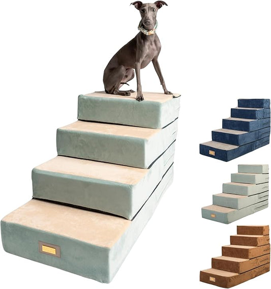 All-in-One Adjustable Dog Stairs – 5-Step Premium Pet Ramp for Small to Large Dogs – Sturdy, Non-Slip & Versatile for Beds, Sofas & More - Soft Cover, Modern Design (Green)-PawvioPets