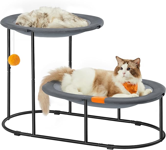Feandrea 2-Tier Elevated Cat Hammock Bed, Breathable Furniture for Multi-Cat Households Indoor and Outdoor, with Removable Washable Mesh, Steel Frame, for Summer, Dove Gray UPCB012G01-PawvioPets