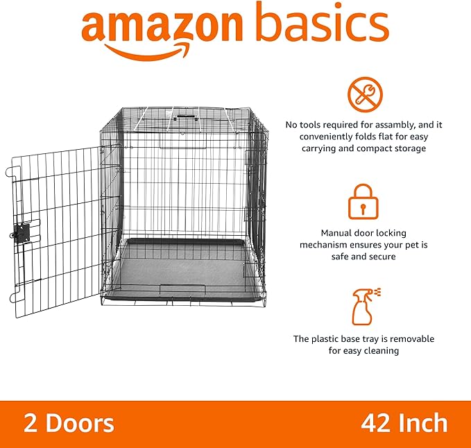 Amazon Basics Durable,Foldable Metal Wire Dog Crate with Tray, Double Door, 42 x 28 x 30 in, Black-PawvioPets