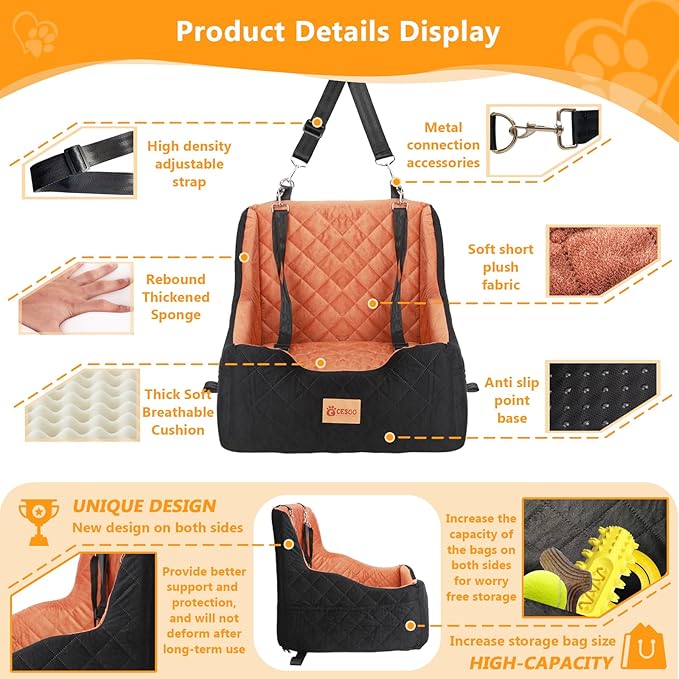 Dog Car Seat for Small/Medium Dogs Under 40lbs, Dog Booster Car Seats Memory Foam and Velvet, Detachable and Washable Pet Booster Carseats with Clip-On Satebelt and Storage Bag.(Black/Brown)-PawvioPets
