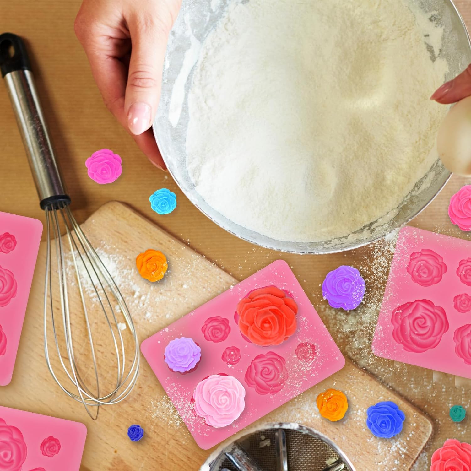 4 Pcs Rose Flower Silicone Molds, Fondant Cake Flower Mold Silicone Polymer Clay Molds Rose Clay Mold for Cupcake DIY Crafts Cake Decoration Roxjaejae