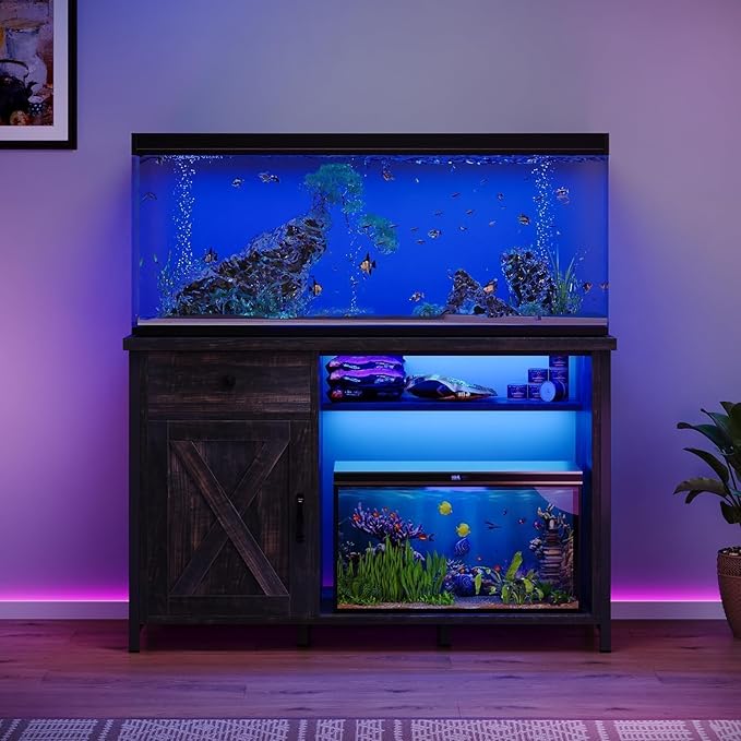4ever2buy 55 Gallon Fish Tank Stand with LED Light & Power Outlets, 55-75 Gallon Aquarium Stand with Drawer & Barn Door, Cabinet for Fish Tank Accessories Storage for Reptile Tank, Turtle Tank, Oak-PawvioPets