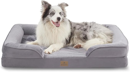 Bedfolks Orthopedic Dog Bed, Big Waterproof Dog Sofa Bed for Large Dogs, Egg Foam Pet Couch Bed with Removable Washable Cover and Nonslip Bottom, Light Grey-PawvioPets