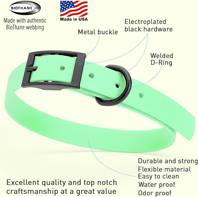 Dogline Biothane Waterproof Dog Collar Strong Coated Nylon Webbing with Black Hardware Odor- Proof for Easy Care Easy to Clean High Performance Fits Small Medium or Large Dogs, Sea Foam Green-PawvioPets
