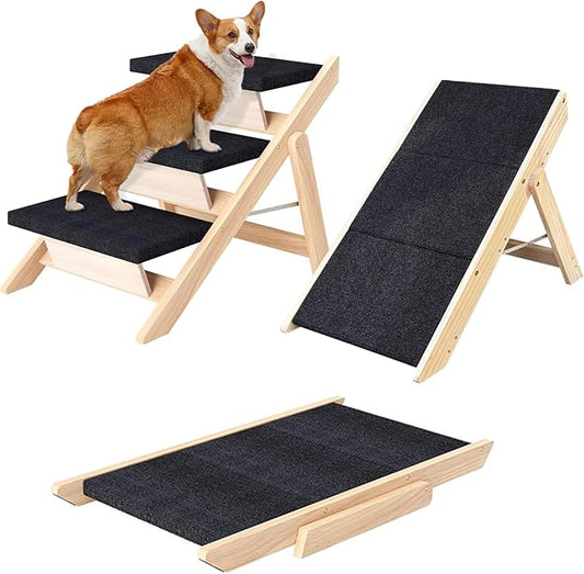 Dog Stairs/Ramp for Bed, Wooden Convertible Pet Steps, Portable Dog Ladder Up to 180 Pound for Elderly/Short-Legged Dogs, 3 Steps for Beds, Couch, Cars-PawvioPets