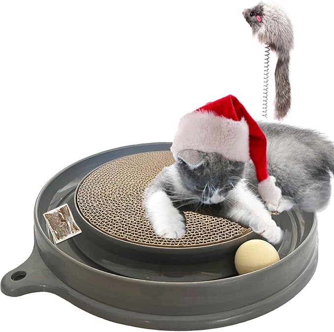 AUOON Cat Scratcher Toy - Cat Scratch Pad with Cat Toy Ball Track and Plush Mouse Toy for Indoor Cats and Kittens (Gray)-PawvioPets