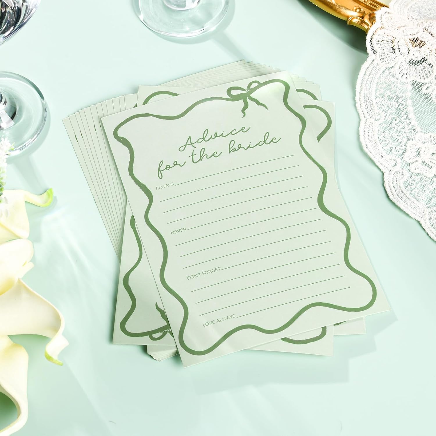 DEEKA 30 PCS Bridal Shower Games Card for 30 Guests Sage Green Wavy Border Ribbon Bow Funny Wedding Bachelorette Party Games for Reception (Advice for The Bride)