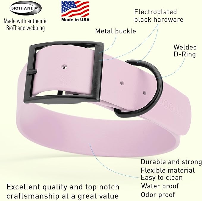 Dogline Biothane Waterproof Dog Collar Strong Coated Nylon Webbing with Black Hardware Odor- Proof for Easy Care Easy to Clean High Performance Fits Small Medium or Large Dogs, Pastel Purple-PawvioPets