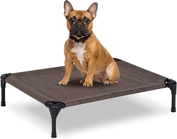 Elevated Dog Bed for Outdoor, Medium Raised Dog Cot with Washable Mesh, Cooling Pet Cot Chew Proof for Outside Camping, 32"x25" Brown-PawvioPets
