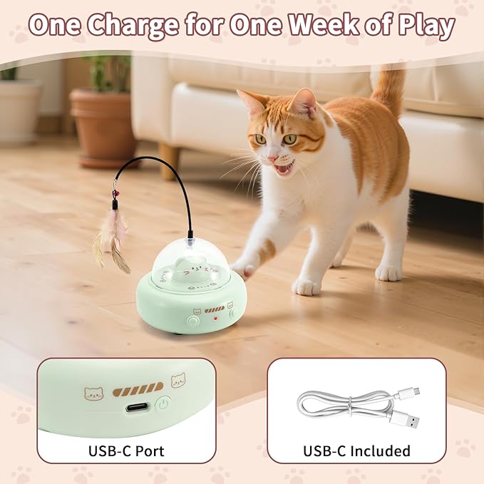Automatic Cat Toys with Feathers, Interactive Cat Toy for Indoor Exercise, Rechargeable Teasing Toys for Indoor Cats, USB Powered, Smart Standby&Obstacle Avoidance(Green)-PawvioPets
