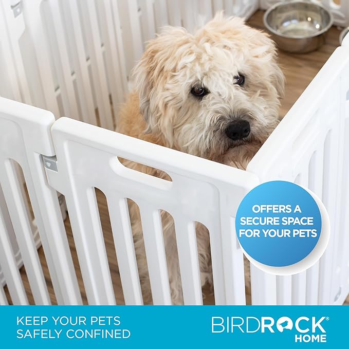 BIRDROCK HOME Dog Playpen w/Door, 8 Panel, 25.6in H | Strong Plastic, Non-Slip Puppy Playpen, Secure Pet Gate | Indoor Outdoor Fence | Configurable Panels | Small Pets - White-PawvioPets