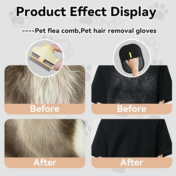 2 Pet Hair Removal Gloves, 2 Flea Combs for Cats and Dog，Reusable Electrostatic Gloves and Long & Short Flea Combs, 4 PCS pet hair removal tools-PawvioPets
