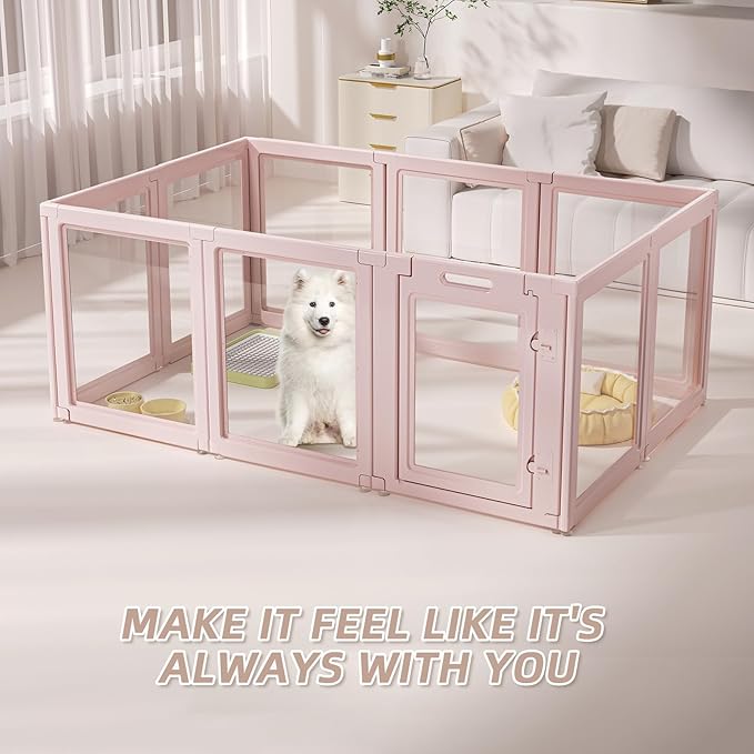 DIY Clear Acrylic Dog Playpen House,Quick Easy Assembly and Disassembly,Strong Floor Suction,Indoor and Outdoor Use,Easy Cleansing Puppy Fence (Skin Pink, 30.3" H, 10PCS)-PawvioPets