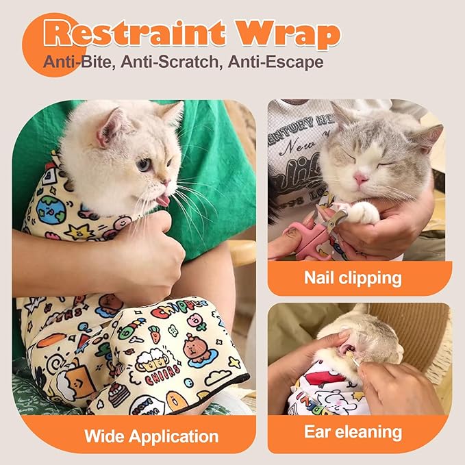 Cat Grooming Wrap, Cat Wrap Self-Adherent, Anti-Scratch Anti-Bite, Anti-Escape Grooming Bag for Cats Nail Clipping, Ear Cleaning, and Teeth Brushing (19.7 × 19.7" Paw Prints)-PawvioPets