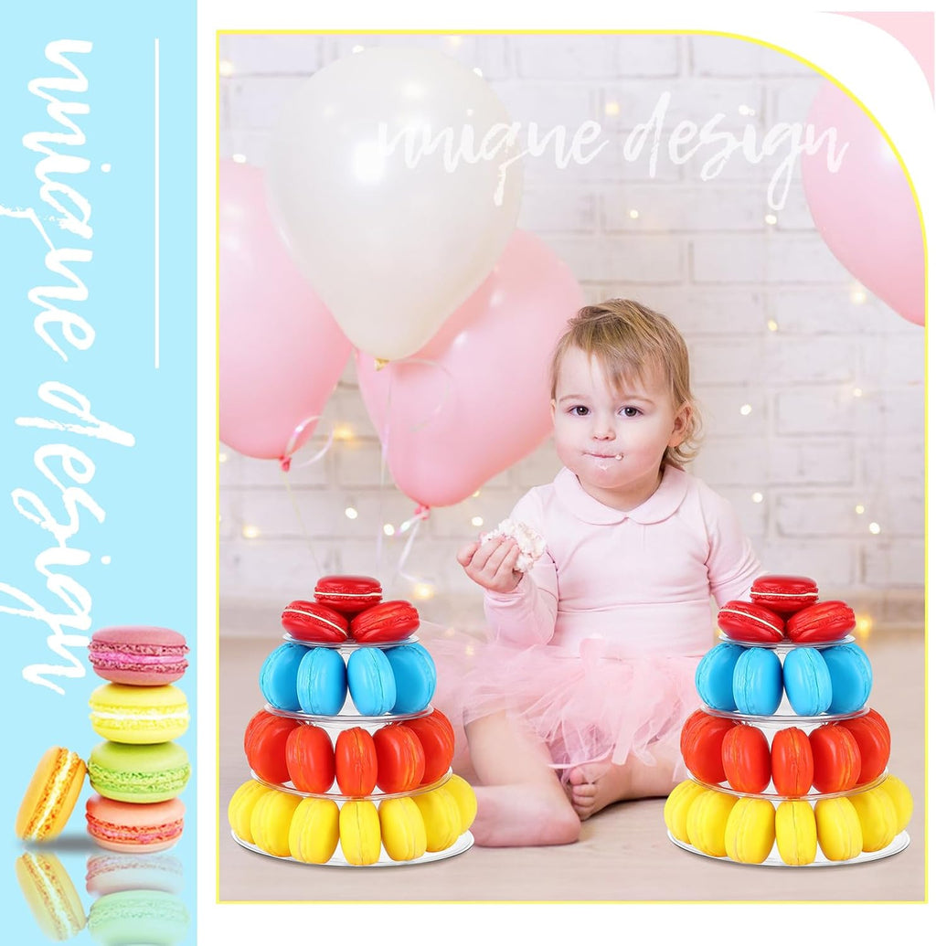 Juexica 2 Pcs Round Macaron Display Tower Stand 4 Tiers Plastic Cake Rack Macaron Wedding Cupcake Display Food Serving Stands Clear Dessert Tower for Wedding Baby Shower Birthday Decoration