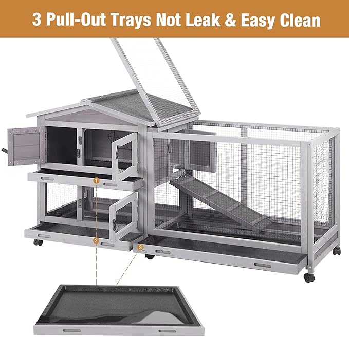 Bunny Cage Indoor and Outdoor Rabbit Hutch with Casters Waterproof Roof, Pull Out Tray from Back and Front 61.2" L x 22.6" W x 33.5" H-PawvioPets