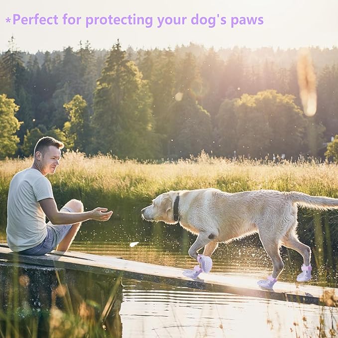 Dog Shoes, Dog Sandals for Hot Pavement, Non-Slip Waterproof Dog Booties for Winter Snowy Day and Summer, Adjustable Straps Easy-Clean Beach Outdoor Pet Boots Rugged Sole-4Pcs Purple-PawvioPets