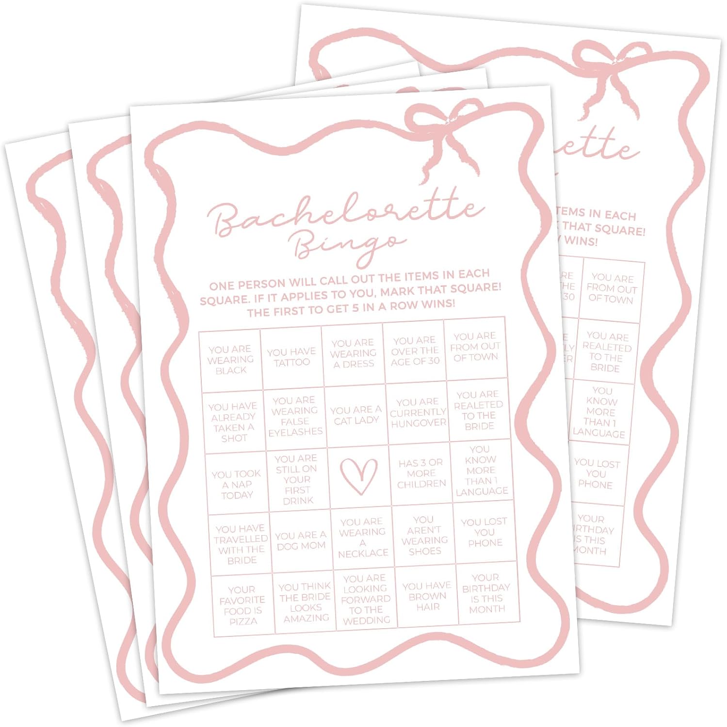DEEKA 30 PCS Bridal Shower Games Card for 30 Guests White Pink Wavy Border Ribbon Bow Funny Wedding Bachelorette Party Games for Reception (Bachelorette Bingo)