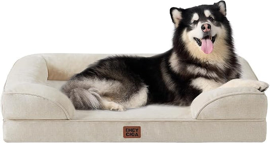 EHEYCIGA Orthopedic XL Dog Beds, Waterproof Memory Foam Dog Bed for Extra Large Dogs, Non-Slip Bottom and Egg-Crate Foam Big Pet Couch Bed with Washable Removable Cover, Beige-PawvioPets