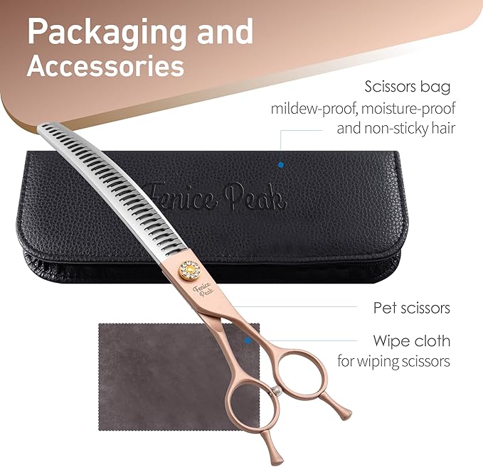 Fenice Peak Professional Curved Chunker Dog Grooming Scissors 7.0'' Rose Gold Thinning Shears Extremely Sharp Blades 440C Stainless Steel Thinning Shears Durable Smooth Fine Cut for Dogs and Cats.-PawvioPets