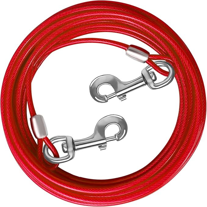 Dog Tie Out Cable 10/15/20/25/30 FT Runner for Yard Steel Wire Cable with Durable Superior Clips Red Chains for Outside Dog Lead for Large Up to 165 Lbs-PawvioPets