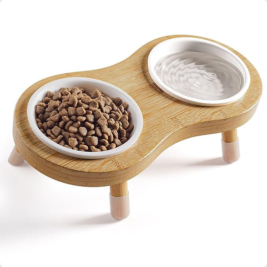 Elevated Cat Bowls - Set of 2 Ceramic Pet Food Bowls with Anti-Slip Bamboo Stand - 15 Degree Titled - Raised Dog Bowl for Small Dogs - Raised Cat Bowl Stand - Pet Feeding Station for Cats & Small Dogs-PawvioPets