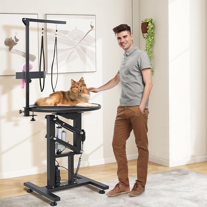 Electric Hydraulic Lift Pet Dog Grooming Table, 24Inch 360° Rotating Grooming Desktop for Small Dogs, with Overhead Arm, Wireless Remote, Tool Organizer, Black-PawvioPets
