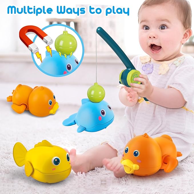 Dwi Dowellin Bath Toys for Toddlers, Magnetic Fishing Games Kids Bathtub Toys, Mold Free Wind-up Toys Swimming Fish Duck Whale Floating Water Toys for Kids Baby Infant-PawvioPets