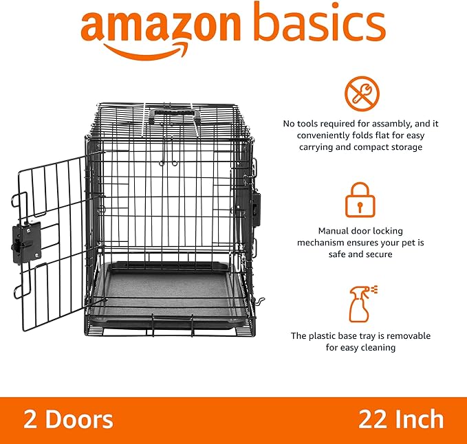Amazon Basics Durable,Foldable Metal Wire Dog Crate with Tray, Double Door, Divider, 22 x 13 x 16 in, Black-PawvioPets